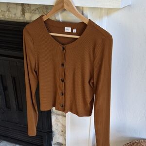 Wilfred Tan Ribbed Button-Up Top, L